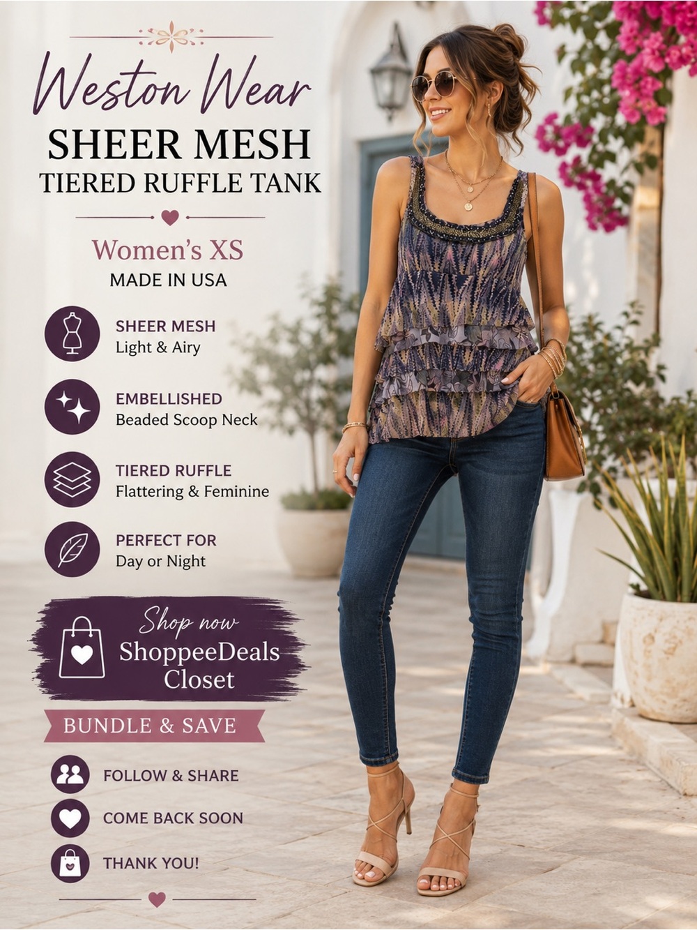Weston Wear Sheer Mesh Tiered Ruffle Tank Top – Women’s XS – Made in USA